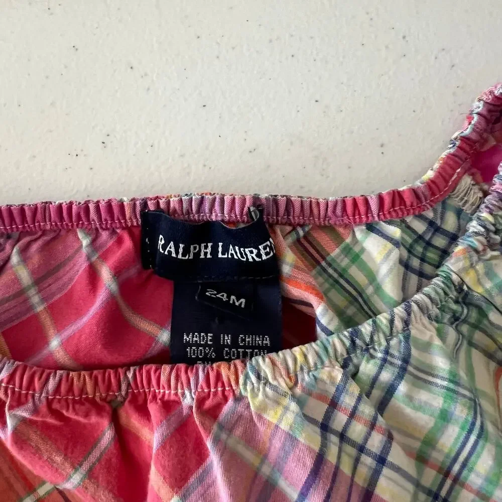 Ralph Lauren Baby Girls Dress 24M Plaid Floral Ruffle Short Sleeve Cotton